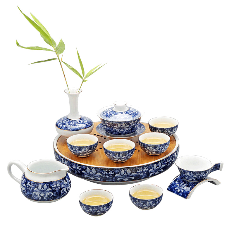 DH jingdezhen kung fu tea set suit household water storage of a complete set of tea tray ceramic simple blue and white porcelain teapot teacup