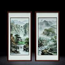 Hand-painted landscape living room decoration painting Jingdezhen porcelain plate painting study porch Chinese solid wood frame ceramic hanging painting