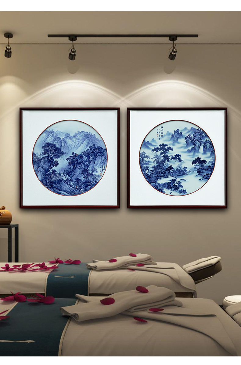 Jingdezhen blue and white landscape hand - made porcelain plate painting scenery sitting room adornment study porch sofa setting wall hang a picture