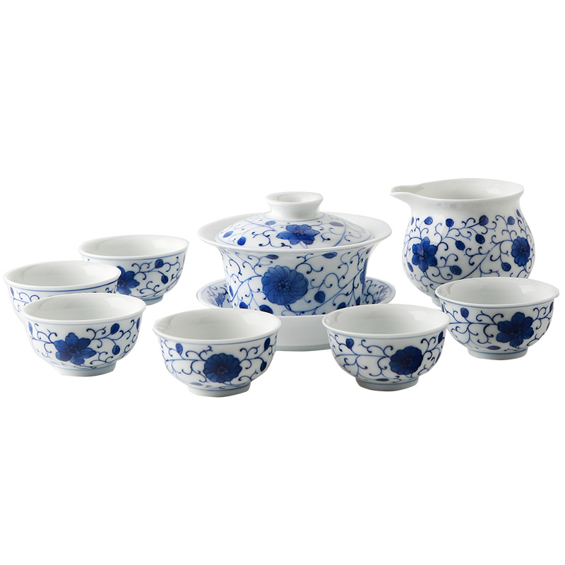 DH jingdezhen kung fu tea set with blue and white porcelain ceramic cups of a complete set of small tureen glass teapot