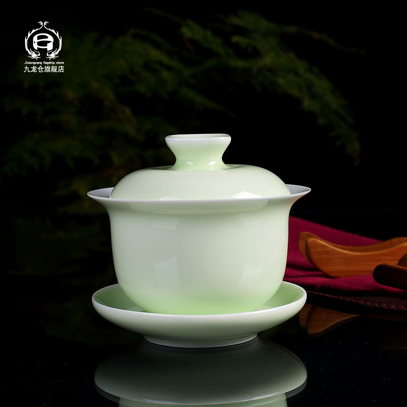 DH tureen three cups to large jingdezhen celadon large pea green glaze household kung fu tea accessories