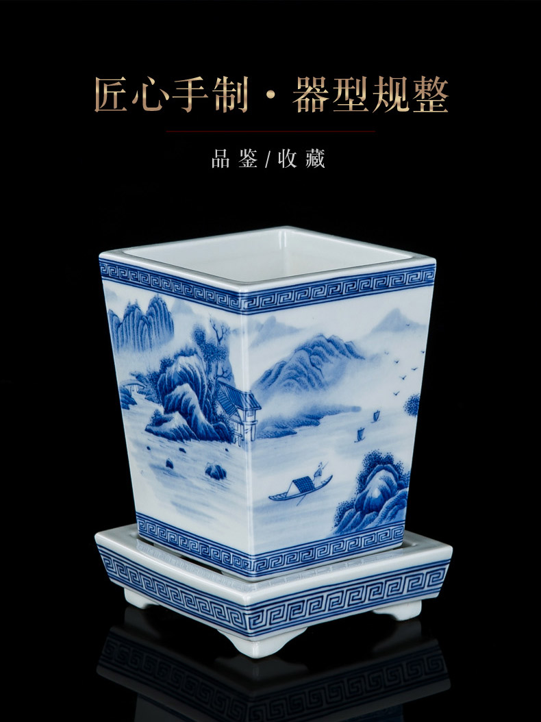 Jingdezhen hand - made corners of blue and white porcelain pot with potted tray orchid Chinese style adornment the plants flower pot