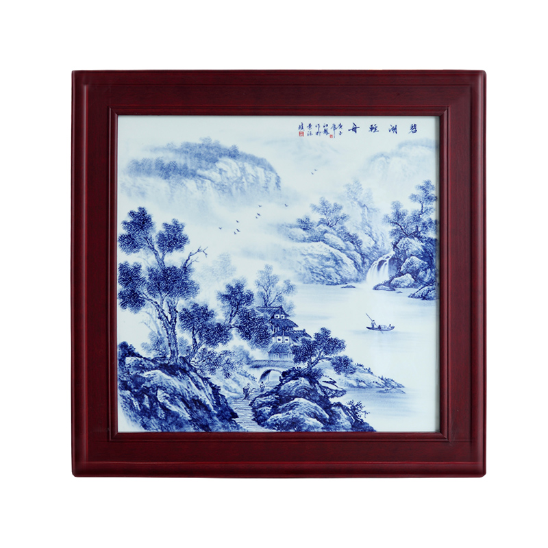 Jingdezhen porcelain plate painting Chinese blue and white solid is hand - made wooden frame, square landscape painting the sitting room is the study of single adornment