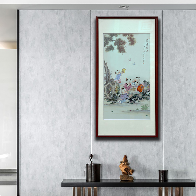 Jingdezhen porcelain plate painting enamel Chinese study solid wooden frame, hang a picture to the sitting room porch ceramic decoration