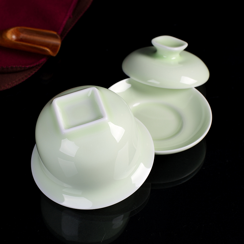 DH tureen three cups to large jingdezhen celadon large pea green glaze household kung fu tea accessories