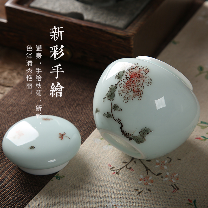 DH jingdezhen celadon caddy fixings hand - made ceramic mini storage POTS general small green tea POTS