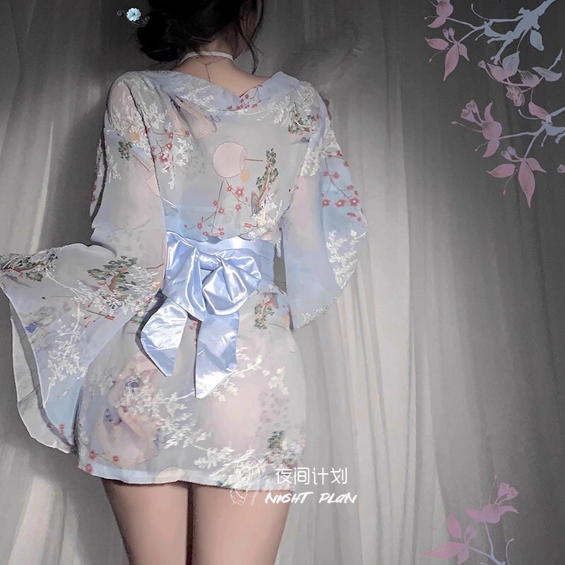 Divine Maiden ~ Japanese-Style Kimono Pajamas Chiffon Nightgown Feminine Style Cherry Blossom Yukata Set