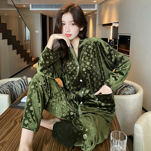 High-quality small fragrance pajamas women's gold velvet spring and autumn embossed luxury diamond velvet homewear suit can be worn outside