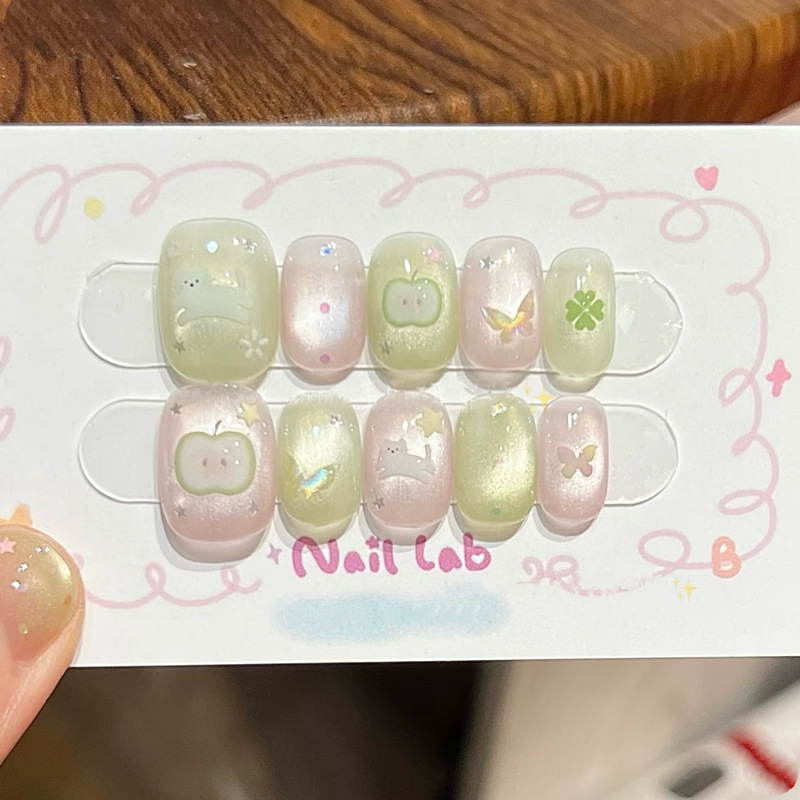 Summer Green Small Fresh Green Apple Kitten Wearing Nails Spring Cute Healing Nail Art Patch Cat Eye ins Summer Green Small Fresh Green Apple Kitten Wearing Nails Spring Cute Healing Nail Art Patch Cat Eye ins