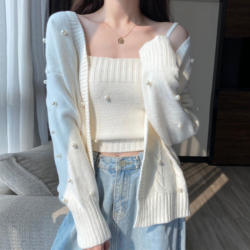 White sweater jacket woman early spring fall 2022 new exploits knit cardiovert Korean tie gentle two-style blouse