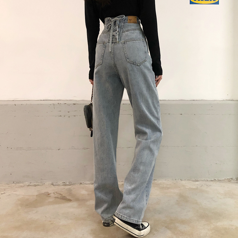 2022 new Korean version net red straight drum pants high waist conspicuously slim color jeans Women's summer covets tug of pants