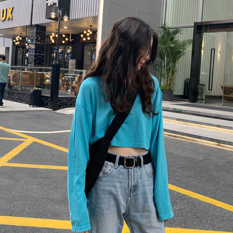 Spice Girls High Waist Navel Short Jacket Women's Spring and Autumn 2022 New Net Red Solid Color Long Sleeve T-shirt ins Tide