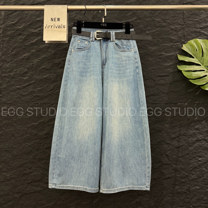 High-End European Summer Style High-Waisted Slimming Belt-Waist Washed Denim Pants for Women, Petite Wide-Leg Balloon Cropped Pants