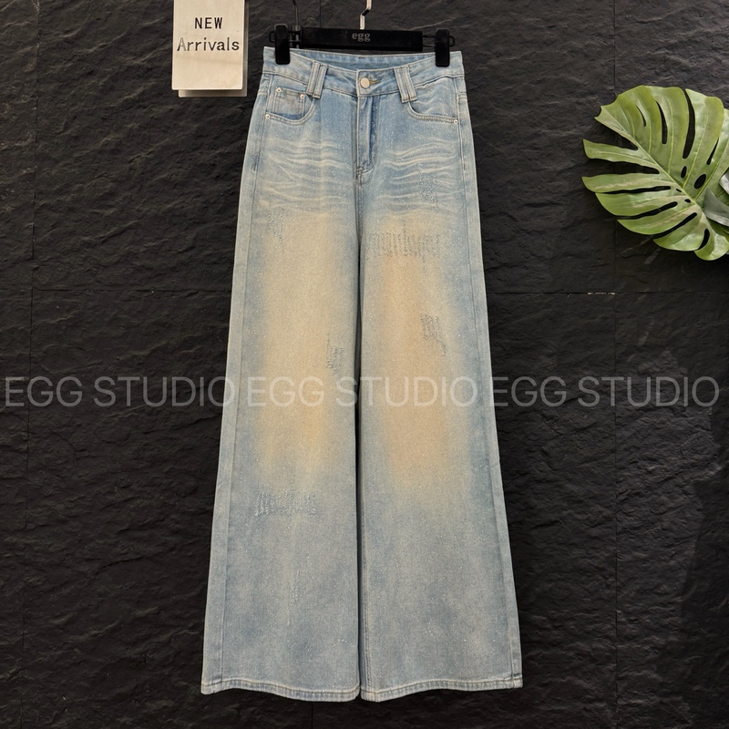 High-End European Goods 2026 Autumn New High-Waisted Slimming Retro Distressed Sequin Jeans Women's Straight Wide-Leg Floor-Length Pants High-End European Goods 2026 Autumn New High-Waisted Slimming Retro Distressed Sequin Jeans Women's Straight Wide-Leg Floor-Length Pants