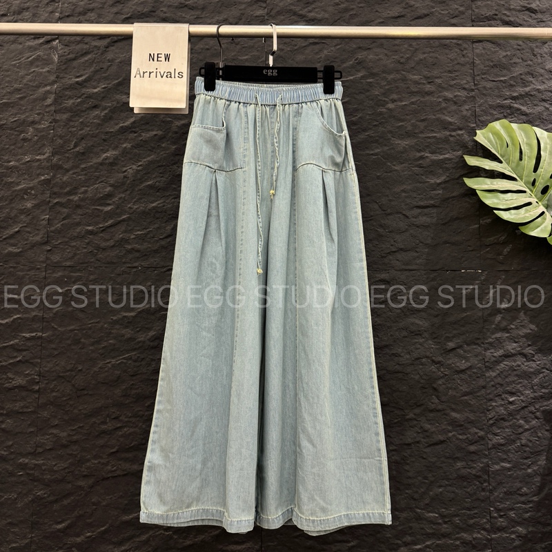 High-End European-Style Summer New Elastic High-Waisted Drawstring Washed Denim Pants for Women, Petite Straight-Leg Wide-Leg Cropped Pants