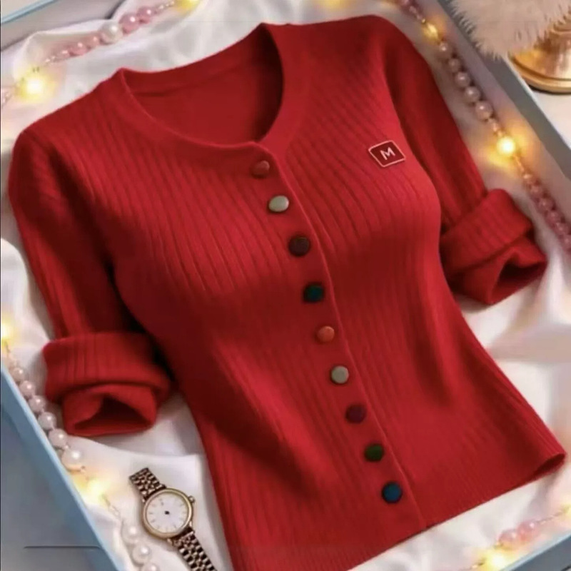 Dalong Anti-Pilling Red Knitted Cardigan for Women, 2026 Autumn Fashion, Slimming Versatile Sweater Top, Age-Reducing Style