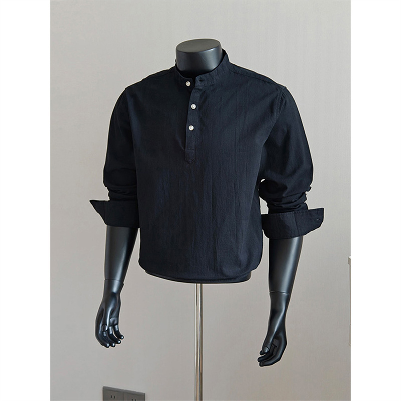 Light Luxury American-Style Black Henry Collar Long-Sleeve Shirt for Men, 2026 Spring Old Money Style Polo Shirt Jacket