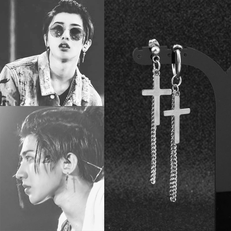 Net Red Identical Earrings Cross Long Chain Titanium Steel Ear Pin Punk Male Tide 100 Hitch Earrings Without Ear Clip Woman