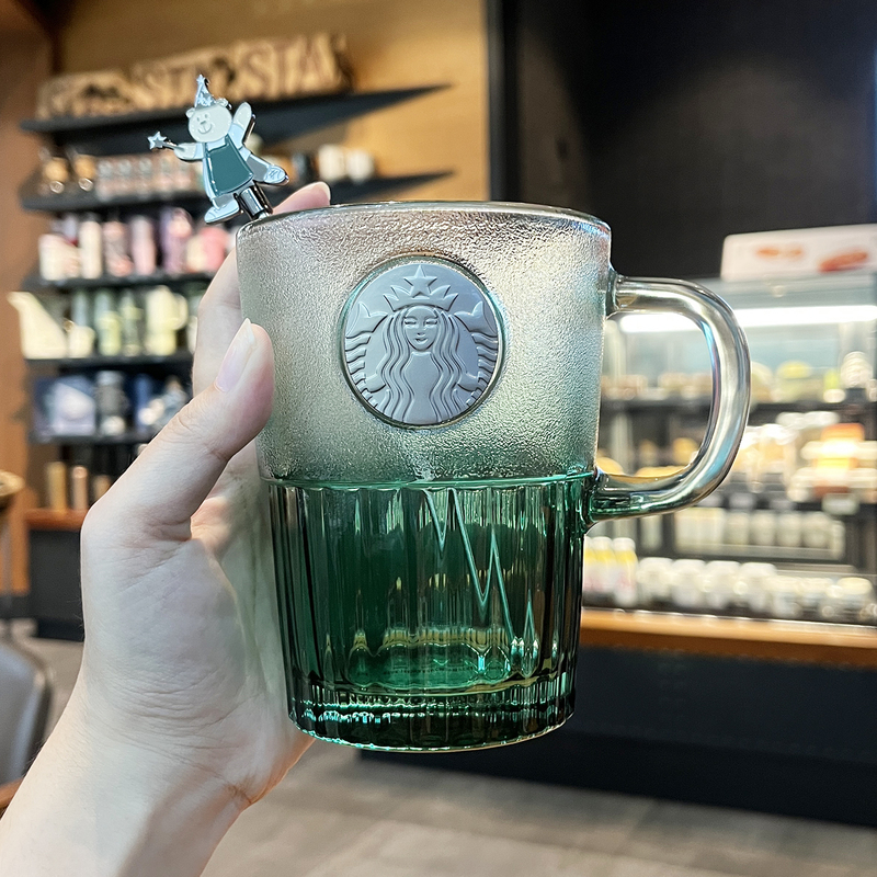 Starbucks Cup, Gradient Green Glass Cup with Stirring Stick, High-Value Copper Stamp, Office Gift, Women's Drinking Cup