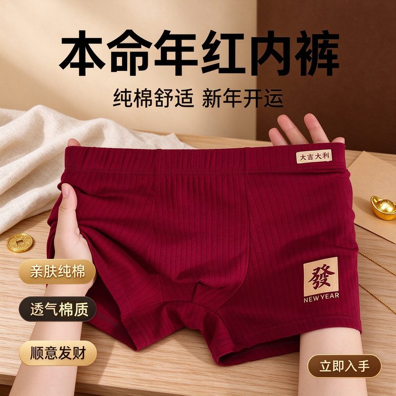 Men's Pure Cotton Underwear, Mid-Waist Breathable Casual Shorts, Boxer Briefs, Red, Zodiac Year, Wedding Boxer Briefs, Maroon