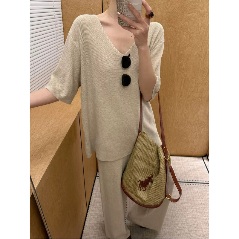 Waffle Knit Short-Sleeve Set for Women, New Spring/Summer French Style, Lazy Style, V-Neck Short-Sleeve Knit Top, Wide-Leg Pants Two-Piece Set