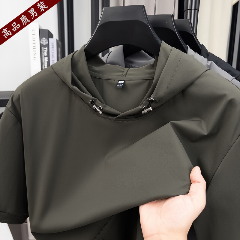 Sports Brand Casual Short-Sleeved T-Shirt Summer Hooded Kangaroo Pocket Men's Quick-Drying Ice Silk Breathable Cool Hoodie Top