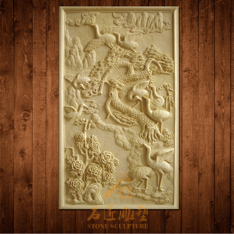 Artificial sandstone relief custom sandstone animal relief - crane figure wall decoration indoor and outdoor sandstone carving mural