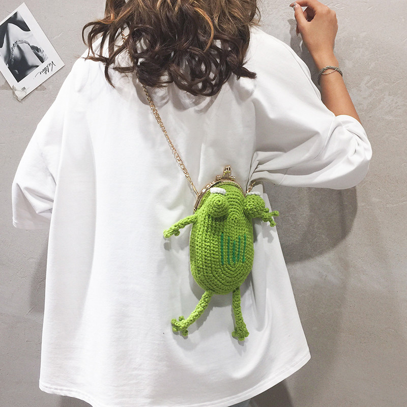 Woven Bag Packs Women Pack New 2021 Cartoon Cute Pure Color Casual Frog Girl Chain Single Shoulder Diagonal Satchel Wave