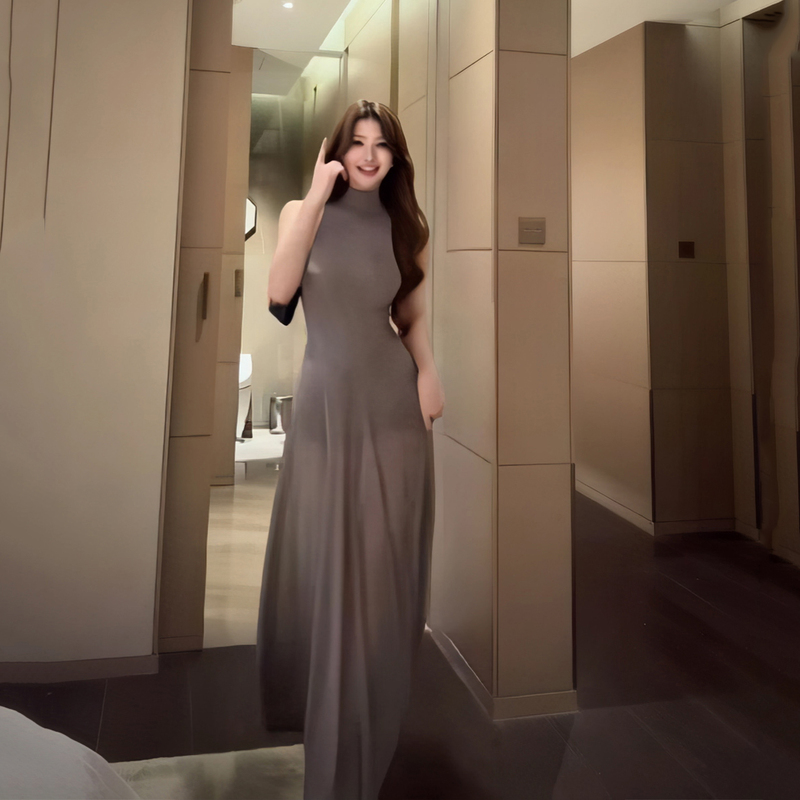 In Stock! [Subtle and Elegant] Mesh Sleeveless High-Neck Long Dress, Slightly Sheer, Elegant and Slim-Fitting