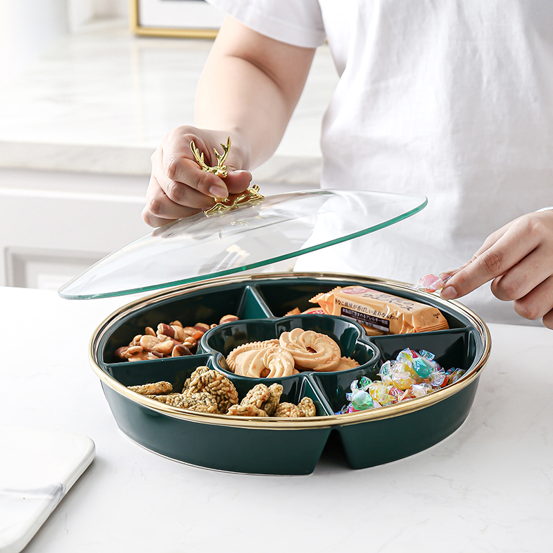 Ceramic sub-lattice with lid dry fruit pan upscale light lavish Nordic Wind Home Living room Tea Table Nut Candy Box Dry Fruit Box