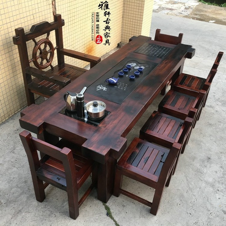 Old boat wood tea table chair group of Chinese style solid wood imitation ancient furniture living room minimalist Gongfu tea Several tea table tea table and chairs