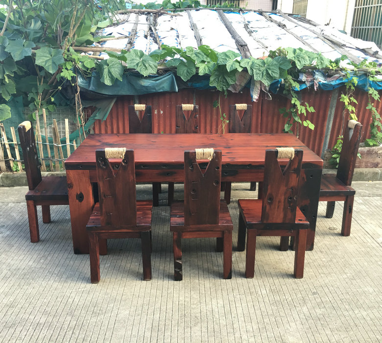 Old boat wood solid wood rectangular dining table and chairs set in Chinese style retro furniture table tea table 4 6 8 10 people