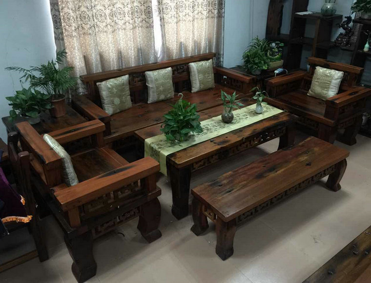 Old boat wood sofa tea table combined solid wood vintage furniture Living Room Hotel Villa High-end Clubhouse Chinese Furniture
