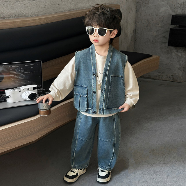 Boys' Three-Piece Vest Set, Thin Spring Outfit, 2026 New Spring and Autumn Fashion, Children's Korean-Style Trendy Denim Suit