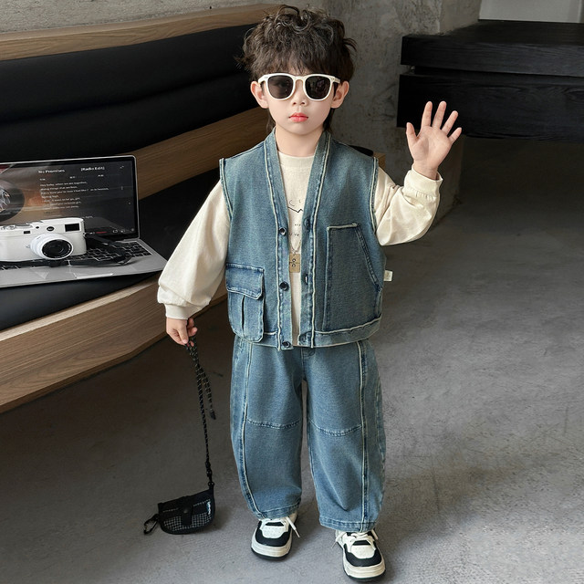 Boys' Three-Piece Vest Set, Thin Spring Outfit, 2026 New Spring and Autumn Fashion, Children's Korean-Style Trendy Denim Suit
