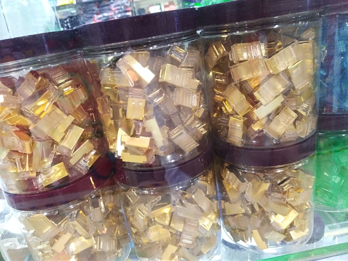 Iron shell shielding over five types of network crystal head RJ45 copper 8-core network cable connector golden yellow barrel 100