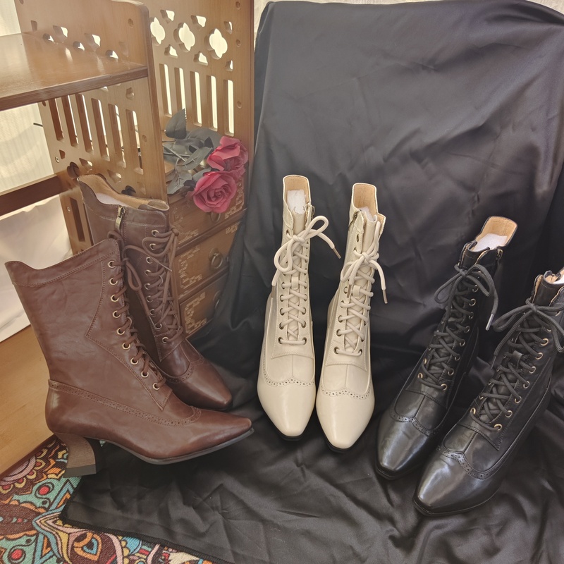 Genuine Leather (Cowhide) Stylish Mid-Calf Boots with Unique Heels, Elegant Retro Lace-Up Side Zipper Mid-Heel Boots Genuine Leather (Cowhide) Stylish Mid-Calf Boots with Unique Heels, Elegant Retro Lace-Up Side Zipper Mid-Heel Boots