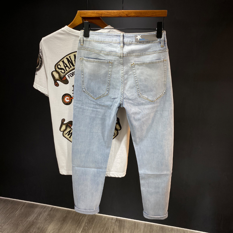 Hong Kong boomer 100 lap light color 90% jeans Men's elastic workout smoke pipe pants trendy fall brief male pants