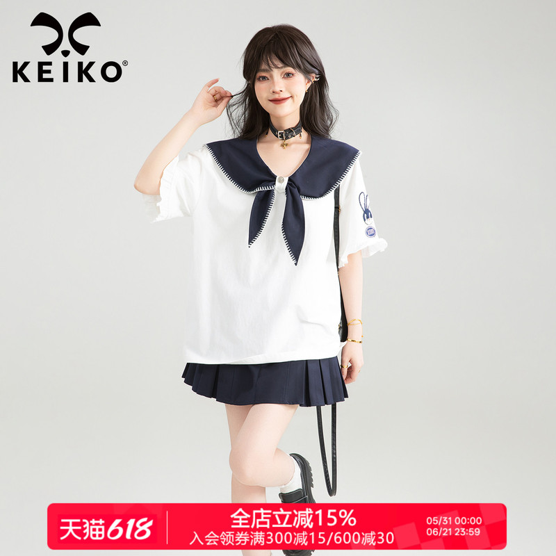 Keiko Salt-Colored Nautical Style White Short-Sleeved T-Shirt for Women, Summer Campus Style, Age-Reducing Sailor Collar Top, Sailor Uniform Keiko Salt-Colored Nautical Style White Short-Sleeved T-Shirt for Women, Summer Campus Style, Age-Reducing Sailor Collar Top, Sailor Uniform