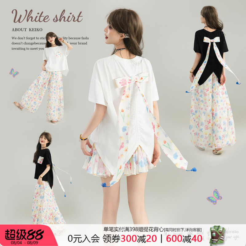 Keiko Bow Ribbon Short-Sleeved T-Shirt for Women 26 Summer Beautiful Floral Splicing Short in Front and Long in Back Loose Top Keiko Bow Ribbon Short-Sleeved T-Shirt for Women 26 Summer Beautiful Floral Splicing Short in Front and Long in Back Loose Top