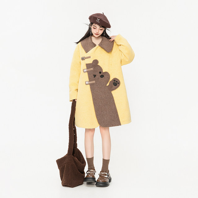 KEIKO milk patchwork cartoon woolen coat for women 24 early spring design cape type slim mid-length coat