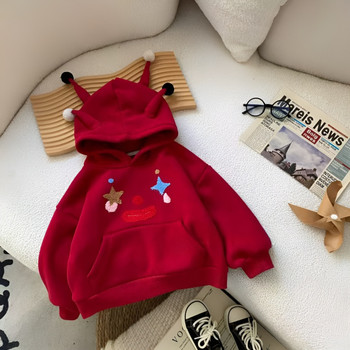 New product recommendation ~ winter thickened velvet and cute hooded top for boys and girls, new year red warm sweatshirt