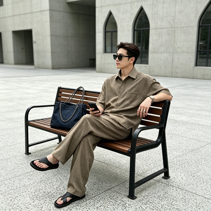 Old Money Style Imitation Linen Casual Suit for Men, Summer Thin Style, Relaxed and Lazy Feel, Short-Sleeved Shirt and Long Pants Two-Piece Set