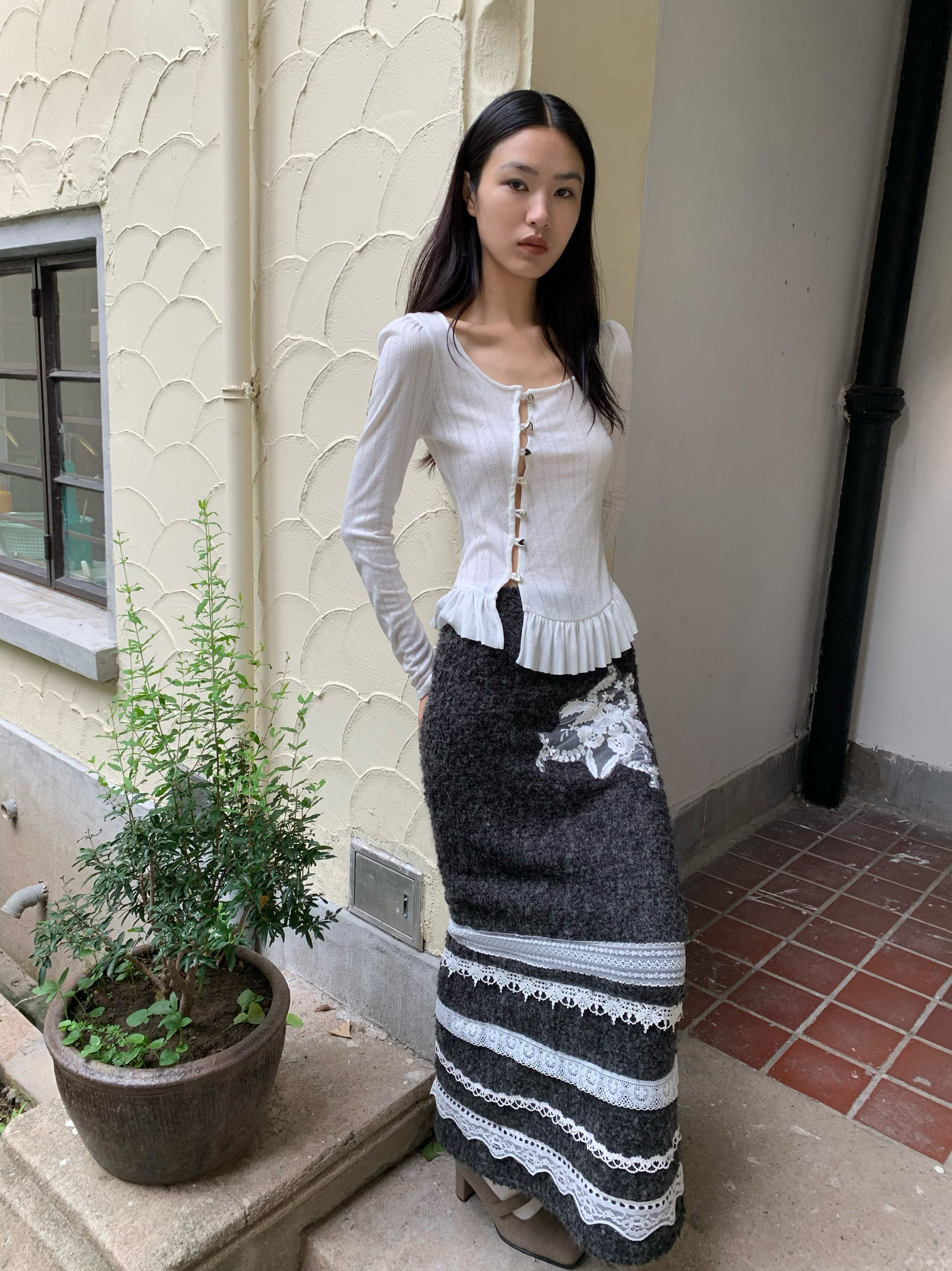 Chipchipshop Original Gray Thick Knit Skirt Sweet Doll-Style Heavy