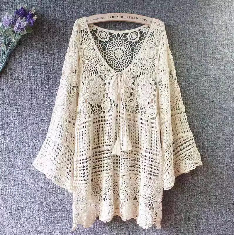 Plus Size Fishnet Top 150kg Hollow-Out Bell Sleeve Knit Cover-Up Lace Crochet Loose See-Through Outerwear Plus Size Fishnet Top 150kg Hollow-Out Bell Sleeve Knit Cover-Up Lace Crochet Loose See-Through Outerwear