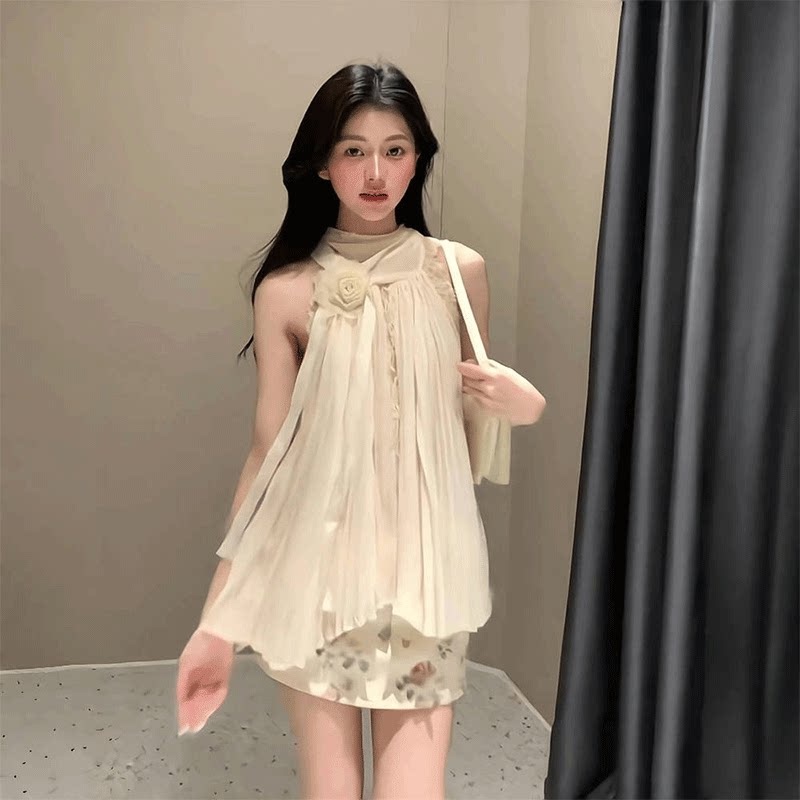 French-Style Gentle Lace Halter Top, Camisole, Summer Outing Outfit, Pleated Sleeveless Off-Shoulder Chiffon Blouse