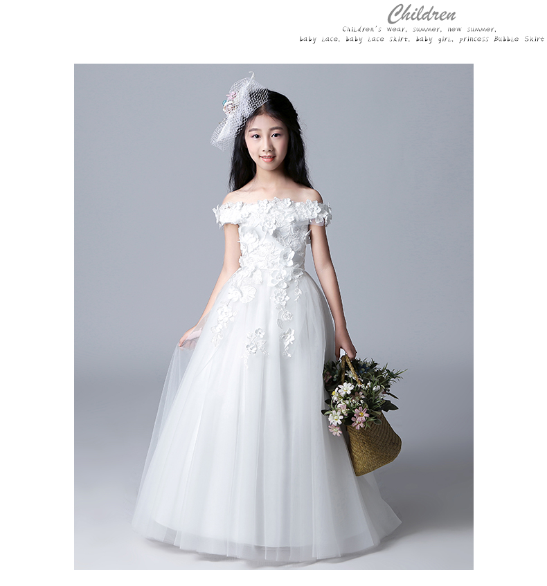 Trẻ em ăn mặc công chúa váy trắng hoa cô gái từ vai đàn piano trình diễn sàn catwalk buổi tối ăn mặc cô gái đám cưới phần dài mùa thu bộ vest hàn quốc cho bé