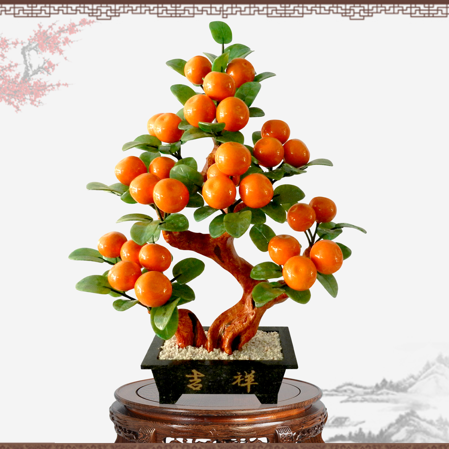 Natural jade tangerine Tree Living room Home Accessories Jade jade Creative High-end Persimmon Crafts Gift Hem Accessories Orange Tree Tea Table Hem