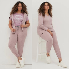 Костюм для фитнеса 2363欧美胖mm软糯特大码暗粉速干健身t恤长裤裤莫代儿棉t恤