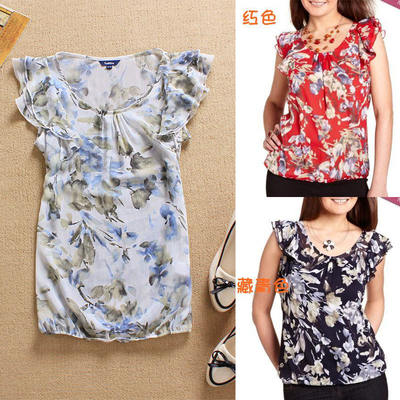 3539 European and American floral ruffled ink-wash printed floral chiffon shirt